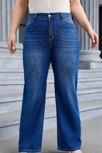 Woochic Pantalon grande taille large denim stretch taille haute bleu foncé XL